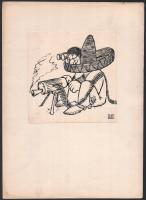 Rau Tibor (1934-2000): Mexikó (karikatúra). Tus, papír. Jelzett. 16x16 cm.