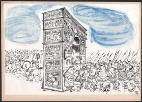Rau Tibor (1934-2000): Diadalmenet (karikatúra). Tus, akvarell, papír. Törésnyommal. Jelzett. 23x34 cm.