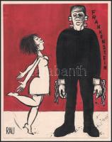 Rau Tibor (1934-2000): Frankenstein (karikatúra). Tus, akvarell, papír. Jelzett. Kartonra kasírozva. 18x14cm.