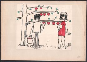 Rau Tibor (1934-2000): Ádám és Éva (karikatúra). Tus, akvarell, papír. Jelzett. 19x23cm.