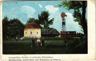 1913 Pöstyén, Pistany, Piestany; Zenepavilon, lövölde és szélmotor (szélmalom). Gipsz H. 11714. / Musikpavillon, Schiessstätte und Windmotor / music pavilion, shooting hall, wind engine (windmill) (EK)