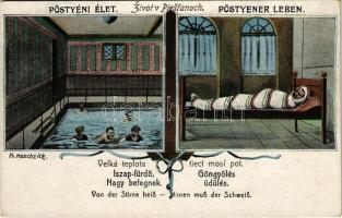 Pöstyén, Piestany; Pöstyéni élet. Iszap-fürdő, göngyölés, nagy betegnek üdülés. Bernát Kohn kiadása / spa life, mud spa, treatment. Art Nouveau, floral s: Fr. Haschzick