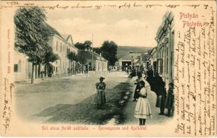 1899 (Vorläufer) Pöstyén, Pistyan, Piestany; Úri utca, Fürdő szálloda, Strasser kávéház / Herrengasse, Kurhotel / street view with spa hotel and cafe