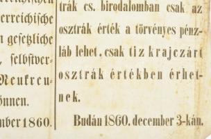 Buda 1860. Hirdetmény az új tíz krajcáros pénzjegyek értékével kapcsolatos félreértés kapcsán, magya...