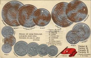 Türkei II. - Münzenkarte und Nationalflagge / Törökország - érmék és zászló. Dombornyomott / Turkish coins and flag. Embossed, litho (EK)