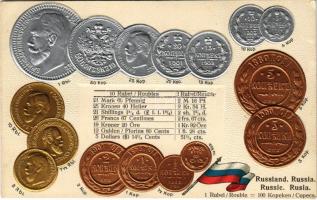 Russland - Münzenkarte und Nationalflagge / Oroszország - érmék és zászló. Dombornyomott / Russian coins and flag. Max Heimbrecht embossed, litho (EK)