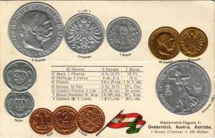 Österreich-Ungarn I: Österreich - Münzenkarte und Nationalflagge / Ausztria - érmék és zászló. Dombornyomott / Austrian coins and flag. Max Heimbrecht embossed, litho (EK)