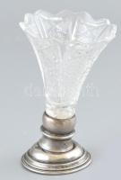 Ezüst (Ag) talpú kristály váza, jelzett, sérült, m: 11 cm