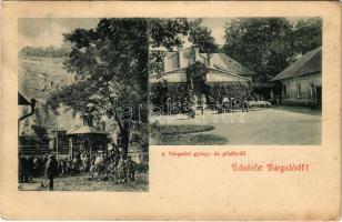 1900 Várgede, Várgedefürdő, Kúpele Hodejov, Hodejov; Gyógy- és gőzfürdő, Csevicze kút, vonat a háttérben / spa, steam bath, well, spring source, train in the background (Rb)