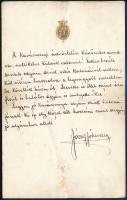 cca 1900 József Ágost főherceg (Habsburg József kormányzó) (1872-1962) autográf levele ismeretlen katonának, címeres levélpapírján, melyben édesapja, József Károly Lajos főherceg (1833-1905), lovassági tábornok, a magyar honvédség főparancsnokának katonái iránti szeretetéről ír.