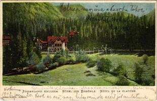 1902 Dobsina, Dobschau; Dobsinai jégbarlang, Jégbarlangi szálloda. Fejér E. kiadása / Hotel zur Eishöhle / Dobsinská ladová jaskyna / ice cave, restaurant and hotel + "POPRÁD - MISKOLCZ 288. SZ. C" vasúti mozgóposta bélyegző (EK)