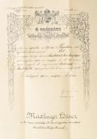 Nyíri Sándor (1854-1911.) honvéd altábornagy, honvédelmi miniszter autográf aláírása hadnagy kezelőtiszt kinevezési okmányán. Dombornyomott angyalos címerrel.