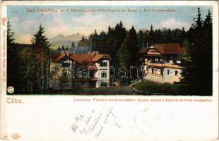 1902 Lucsivna, Lautschburg, Lucivná (Magas-Tátra, Vysoké Tatry); Lucsivnafüred a Krivánnal, Neptun nyaraló a Bazárral és fürdő vendéglővel, étterem. Feitzinger Ede 1902/12. 401. Auto-Chrom / Bad Lucsivna m. d. Krivan, Villa Neptun m. Bazar u. Kur-Restauration / spa resort, hotel, villa, bazaar shop, restaurant + &quot;RUTTKA - KASSA 181. SZ. B&quot; vasúti mozgóposta bélyegző (EK)