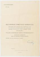 1944 Csatay Lajos (1886-1944) honvédelmi miniszter bélyegzett aláírása hadnagy polgári honvédelmi érdemkereszt adományozó okmányán. Dombornyomott angyalos címerrel. Hajtva.