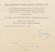 1944 Csatay Lajos (1886-1944) honvédelmi miniszter bélyegzett aláírása hadnagy polgári honvédelmi ér...