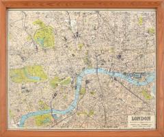 cca 1900-1910 London térkép, földalatti és omnibusz vonalakkal, Woerls Reisehandbücher, kisebb szakadásokkal, üvegezett fakeretben, 42,5x52,5 cm