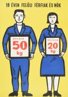 18 éven felüli férfiak és nők, maximum 50/20 kg, nagyméretű, retró munkavédelmi tájékoztató plakát, laminált karton, 65x45,5 cm