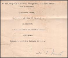1942 Vitéz dálnokfalvi Bartha Károly (1884-1964) honvédelmi miniszter autográf aláírása II. osztályú...