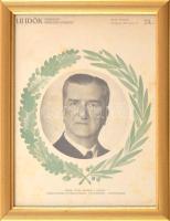 1943 Horthy Miklós kormányzó portréja 75. születésnapja alkalmából, Uj Idők folyóirat címlapja, kissé foltos, üvegezett fakeretben, 26x20 cm