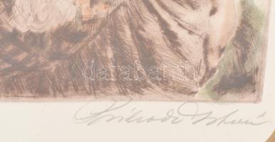 Prihoda István (1891-1956): Lány virágokkal. Színezett rézkarc, papír, jelzett. Dekoratív, korabeli ...