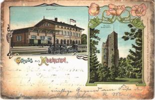 1906 Gorzuchów, Möhlten (Moehlten); Bahnhof, Ruine Eckersdorf / railway station, castle ruin. A.L. Kraehmer & Sohn Art Nouveau, floral, litho (EB)