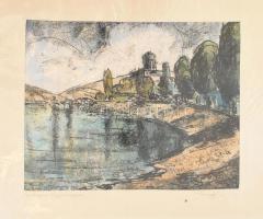 Olvashatatlan jelzéssel: Esztergom Nagydunapart, 1964. Monotípia, papír, paszpartuban, 29x37 cm