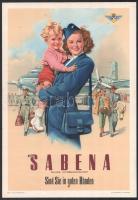 cca 1950 Mit Sabena Sind Sie in guten Händen, Sabena belga légitársaság reklámplakátja, 34x24 cm