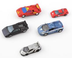 5 db különféle Lamborghini játékautó (Burago, Hot Wheels, stb.), fém és műanyag, h: 7 - 10 cm