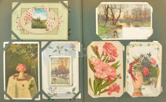 Kb. 162 db RÉGI képeslap régi albumban, vegyes minőségben: sok litho, sorozatok, párok, szecessziós ...