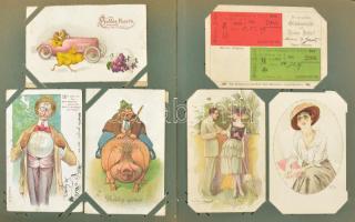 Kb. 162 db RÉGI képeslap régi albumban, vegyes minőségben: sok litho, sorozatok, párok, szecessziós ...