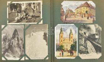 Kb. 162 db RÉGI képeslap régi albumban, vegyes minőségben: sok litho, sorozatok, párok, szecessziós ...