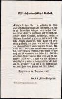1852 Kátay Urbán Martin alföldi rabló betyár halálos ítéletéről szóló hirdetmény német nyelven 24x40 cm
