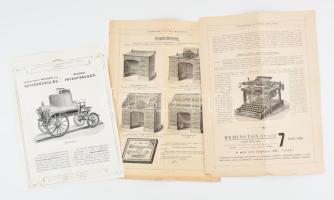 cca 1910 Tűzoltókészülék, íróasztal, vasasztal és írógép képes reklám nyomtatványok 3 db