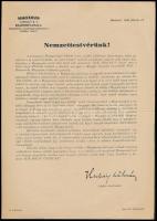 1939 A Magyarság folyóirat nyomtatványa az olvasóhoz, Nemzettestvérünk megszólítással, hogy a betiltást követő újraindulást követően is támogassák a lapot, rajta Hubay Kálmán (1902-1946) újságíró, nyilaskeresztes politikus nyomtatott aláírásával, fejléces papíron.