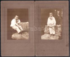 cca 1920 Gyerek teniszütővel, 2 db kartonra kasírozott fotó Hollós műterméből, 14,5×10 cm
