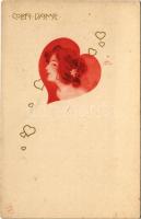 Coeur Dame / Art Nouveau lady with hearts. E.S.D.B. litho s: Carl Józsa (apró lyuk / tiny hole)