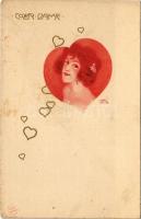 Coeur Dame / Art Nouveau lady with hearts. E.S.D.B. litho s: Carl Józsa (felszíni sérülés / surface damage)