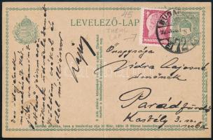 1929 8f díjjegyes levelezőlap 8f kiegészítéssel Budapestről Parádfürdőre küldve / PS-card with additional franking