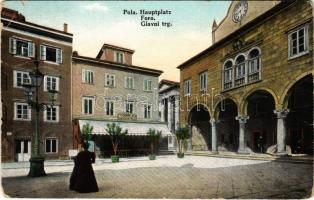 1912 Pola, Pula; Hauptplatz, Caffe Municipio / Foro / Glavni trg. Jos. Krmpotic / Fő tér, Kávéház / main square, cafe (EK)