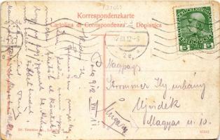 1912 Pola, Pula; Hauptplatz, Caffe Municipio / Foro / Glavni trg. Jos. Krmpotic / Fő tér, Kávéház / ...