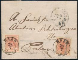 1852 2 x 3kr levélen (egyik bélyeg hajtott) / on cover (1 stamp is folded) RAAB - Pest