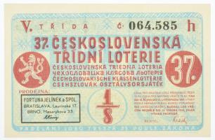 Csehszlovákia 1937. "37. Csehszlovák Osztálysorsjáték" 1/8 sorsjegye öt nyelven (5. osztály) T:I- / Czechoslovakia 1937. "37th Czechoslovak class lottery" 1/8 ticket in five language (5th class) C:AU