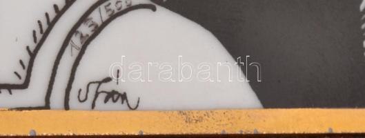 Hollóházi Szász Endre által tervezett porcelán falikép, jelzett, keretben. 8x11,5 cm