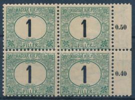 1903 Zöldportó 1f ívszéli négyestömb 11 3/4 : 12 fogazással, felül halványan látszódó számvízjellel ...