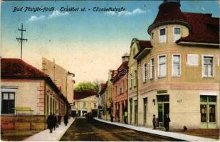 1916 Pöstyén, Piestany; Erzsébet út, Justh Salamon üzlete. Donáth Lipót kiadása / street, shop (EK) + "Vörös kereszt Hadikórház katonai ápolási ügyben portómentes"