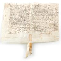1487 Landon, Franciaországban kiállított kilépési engedély rendből? Pergamen, aláírt / Pergamin document signed in Landon, France in 1487. 32x22 cm