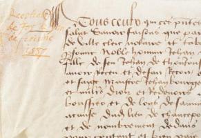 1487 Landon, Franciaországban kiállított kilépési engedély rendből? Pergamen, aláírt / Pergamin docu...