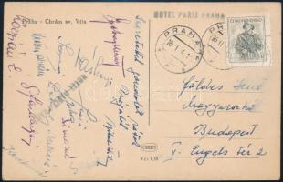 1941 Prágai képeslap a magyar asztalitenisz válogatott tagjainak aláírásával Sidó, Juhos, Kóczián Éva stb. / Autograph signed postcard of the Hungarian table-tennis / ping-pong team