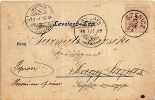 1899 (Vorläufer) Büdöskő-fürdő, Smrdáky Kúpele, Szmrdák (Szenice, Senica); Szecessziós fecskés üdvöz...