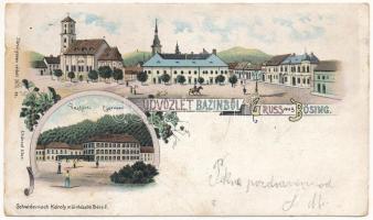 1900 Bazin, Bösing, Bözing, Pezinok; Fő tér, Vasfürdő, templom / Eisenbad / main square, church, spa. Schwidernoch Károly Art Nouveau, floral, litho (szakadások / tears)